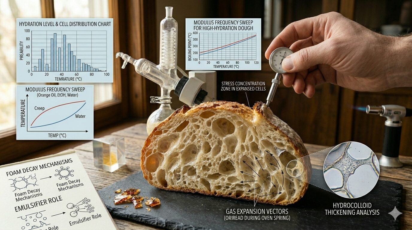 We move from the slow fermentation of bread to the instantaneous, high-energy world of Sonic Engineering. In the modern "lab-kitchen," the Ultrasonic Homogenizer (or Sonicator) is used to create emulsions and infusions that are physically impossible with mechanical blending. By using high-frequency sound waves ($20$ kHz+), a chef can force fat and water into a permanent bond without the need for traditional emulsifiers like mustard or egg yolks.To master Ultrasonic Homogenization, one must understand the relationship between acoustic energy and cavitation-induced shear.Part 1: Acoustic Cavitation – The Power of the VoidThe core mechanism of the sonicator is not the sound itself, but the creation and collapse of microscopic bubbles, a process known as cavitation.Pressure Cycles: The titanium probe (the horn) vibrates at ultrasonic speeds, creating alternating cycles of high and low pressure in the liquid.The Micro-Implosion: During the low-pressure cycle, thousands of microscopic vacuum bubbles form. During the high-pressure cycle, these bubbles implode violently.Localized Extremes: At the point of implosion, localized temperatures can reach thousands of degrees and pressures can exceed $1,000$ atmospheres. This happens in nanoseconds at a microscopic scale, so the bulk liquid remains cool, but the mechanical shear is immense.Part 2: Permanent Emulsions – Beyond the MicelleIn traditional whisking, fat droplets are broken down to a certain size. In ultrasonic homogenization, the cavitation forces shatter fat globules into sub-micron sizes.Brownian Motion Dominance: Because the fat droplets are so small, the natural molecular "jiggling" known as Brownian Motion becomes stronger than the force of gravity. The droplets stay suspended indefinitely because they are too small to float to the top.The "Naked" Emulsion: This allows for the creation of stable emulsions using only oil and a flavored liquid (like vinegar or juice). The chef can produce a "mayonnaise" texture using only olive oil and lemon juice, with zero egg yolks, resulting in a flavor profile of incredible purity.Part 3: Rapid Cold Infusion – Shattering Cell WallsBeyond emulsions, the sonicator is an elite tool for flavor extraction.Cellular Rupture: When a chef places herbs, spices, or even wood chips into a liquid and applies ultrasonic energy, the cavitation bubbles implode against the surface of the solid ingredients.Instantaneous Transfer: This acts like a microscopic jackhammer, rupturing the cell walls and forcing the aromatic oils directly into the liquid. A process that traditionally takes weeks (like making a bitters or a flavored spirit) can be completed in less than five minutes at room temperature, preserving the "bright" notes of the fresh ingredient.Conclusion: The Sound of FlavorUltrasonic homogenization proves that energy is an ingredient. By utilizing acoustic cavitation to bypass the limits of mechanical shear, the modern chef can manipulate the very structure of liquids and solids. It is the physics of the "Micro-Blast"—a way to achieve perfect stability and intense extraction through the power of sound.