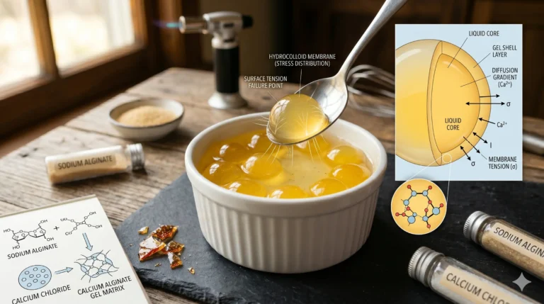 If spherification is about encapsulating liquids, culinary foams are about the structural capture of air. In modern gastronomy, a foam is not just a bubble; it is a colloidal dispersion where gas is the internal phase and a flavored liquid is the continuous phase. While a classical French mousse relies on heavy fats and proteins to hold air, modern foams use hydrocolloids and surfactants to create stable, ethereal textures that vanish on the tongue, leaving only the concentrated essence of the flavor.To master culinary foams, one must understand the relationship between surface tension reduction and interfacial rheology.Part 1: The Surfactant – Engineering the Bubble WallA bubble of air in pure water will collapse instantly because the surface tension of the water is too high. To create a stable foam, the chef must introduce a surfactant—a molecule that lowers surface tension.Soy Lecithin: The most common modern foaming agent. Like the lecithin in egg yolks used for Hollandaise, soy lecithin has a dual-ended molecular structure. In a foam, the hydrophobic tails point into the air bubble, while the hydrophilic heads stay in the liquid.The "Air" Technique: By using a handheld immersion blender at the surface of a lecithin-rich liquid, the chef incorporates air. The lecithin molecules instantly coat these air pockets, creating a monomolecular film that prevents the bubbles from merging and popping.Part 2: The Structural Matrix – Gels vs. EmulsionsWhile lecithin creates "airs" (very light, temporary foams), more robust foams require a more viscous continuous phase to slow down drainage (the liquid flowing out from between the bubbles).Xanthan Gum and Fluid Gels: By adding a minute amount of Xanthan gum ($0.1\% - 0.5\%$), the chef increases the viscosity of the liquid. This "traps" the air bubbles in a thick, shear-thinning matrix. This creates a "heavy" foam or a "syphon foam" that can hold its shape for minutes or even hours.The Siphon (N2O): In a whipping siphon, the liquid is pressurized with Nitrous Oxide ($N_2O$). Under pressure, the gas dissolves into the liquid. When the trigger is pulled, the sudden drop in atmospheric pressure causes the gas to rapidly expand and exit the liquid, inflating the structural matrix from the inside out.Part 3: The Thermal Variable – Hot vs. Cold FoamsThe stability of a foam is a race against temperature and evaporation.Cold Foams: Typically stabilized by fats (cream) or gelatin. These rely on the solid-phase setting of the stabilizer to hold the air.Hot Foams: These require stabilizers that do not melt at high temperatures. Methylcellulose is the engineer’s choice here; unlike gelatin, it actually sets into a gel when heated. A methylcellulose foam can be served on top of a hot steak or soup without collapsing into a puddle.Conclusion: The Physics of Flavor DensityCulinary foams prove that volume does not equal weight. By manipulating surface tension and using hydrocolloids to manage drainage, the modern chef can transform a heavy sauce into a cloud-like texture. It is the physics of aeration—a method of delivering intense flavor while occupying minimal mass.